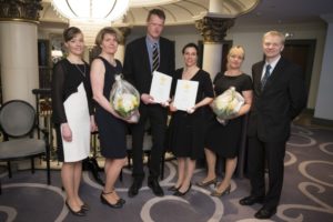 From the left Åbo Akademi’s Teija Tirri, Melanie Aubert and Carl-Eric Wilén and from UPM Pia Nilsson and Kari Luukko and from the University of Helsinki Marjo Yliperttula. Photo: Matti Matikainen
